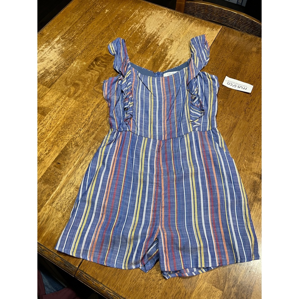 Peach Love Boutique Romper Striped Ruffle Coastal Boho Cottage Women's Lg NWT